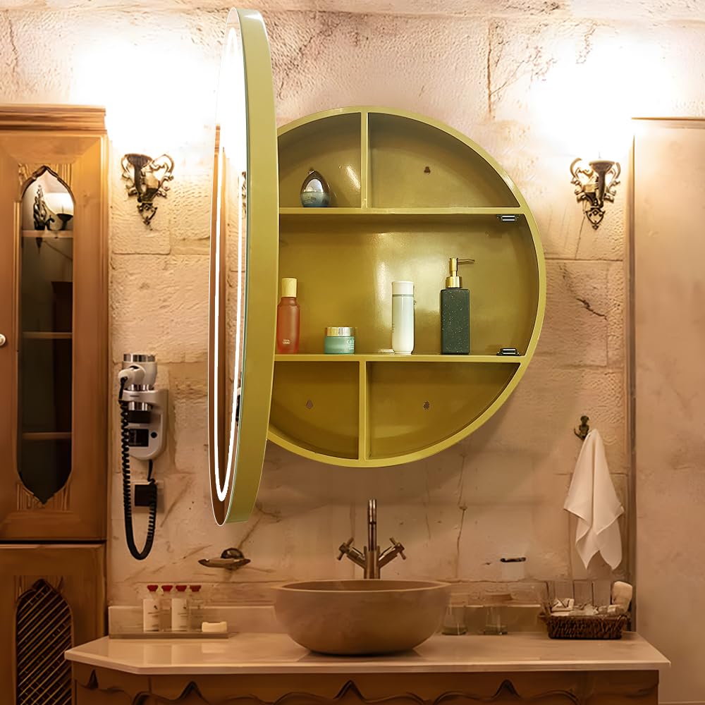 Janboe 61cm Round Mirror Cabinet with Lights,with Defogger,Dimmable,Anti-Fog,3 Colors,Gold