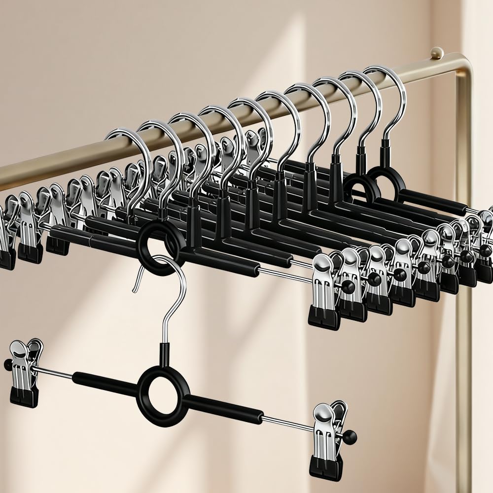10 Pack Trouser Skirt Hangers, Adjustable Clips Rotatable Metal Hook,Space-saving Storage for Pants Skirts Jeans Towels in Closet Non-Slip Design