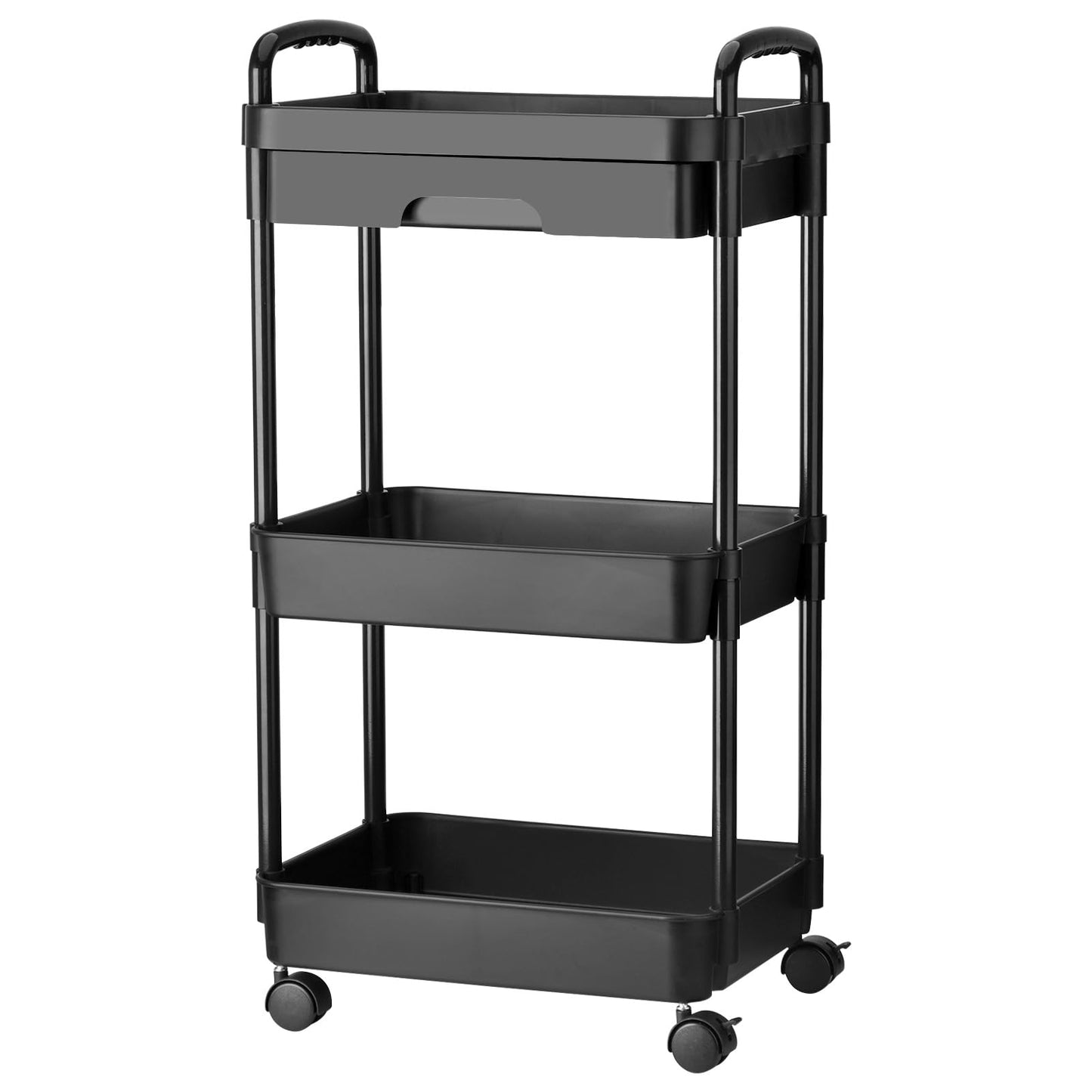 DUOJIN 3 Tier Plastic Rolling Utility Cart with Handle, Multi-Functional Storage Trolley with Mesh Baskets and Lockable Wheels for Bathroom Kitchen