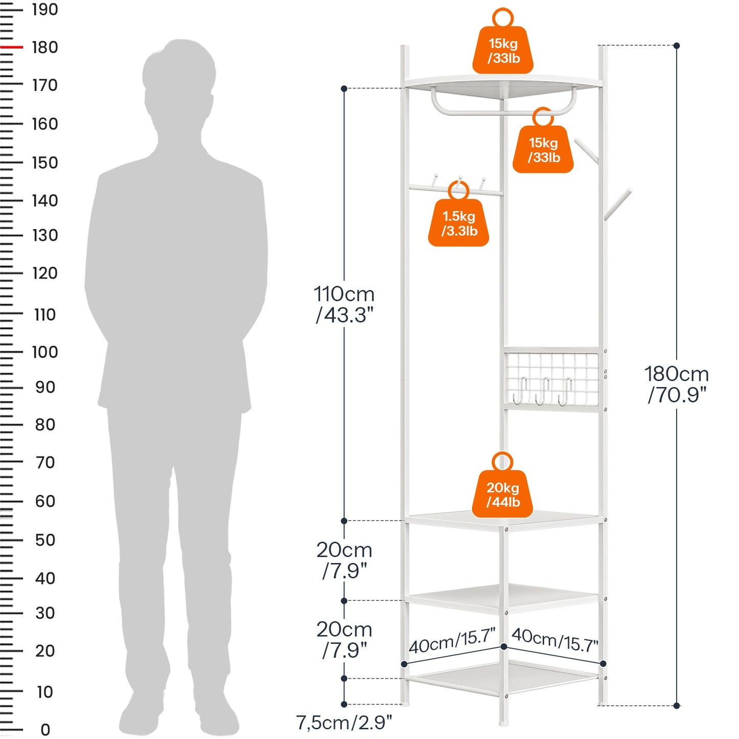 HOOBRO Corner Coat Stand, Coat Stands for Hallway, Freestanding Coat Rack with 5 Hooks and 4 Shelves, Clothes Rail with Hanging Rail, S-Hooks