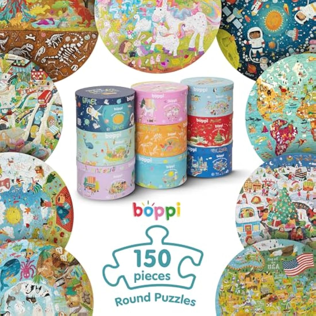 boppi Round 150 Piece Montessori Jigsaw for Kids Aged 5+ | Educational Jungle Puzzle with Continents & Animal Habitats | Eco-Friendly Recycled Cardboard - Animals of the World
