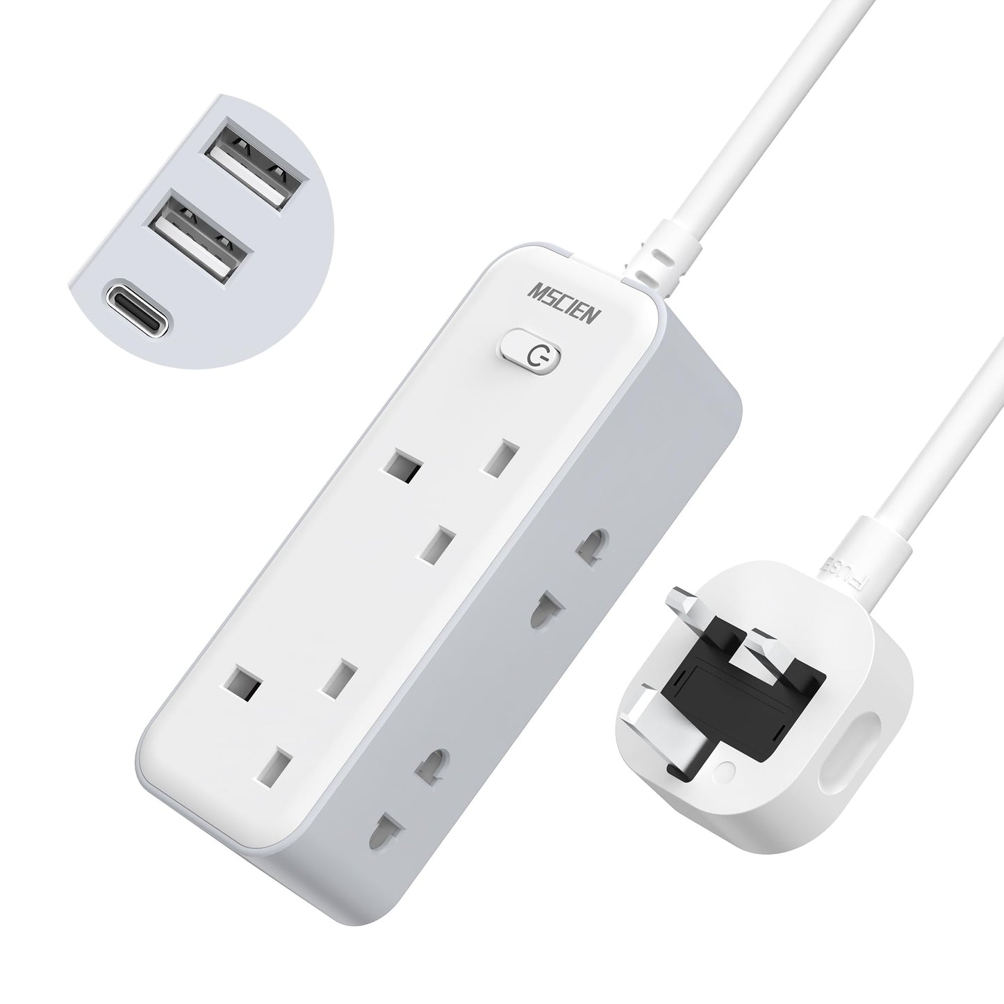 2M Extension Lead with 3 USB Slots, Mscien Shaver Plug Adaptor UK 2 Way with 13A Fuse, Extension Cable 2 Metre with Wall Mountable, Power Strip for