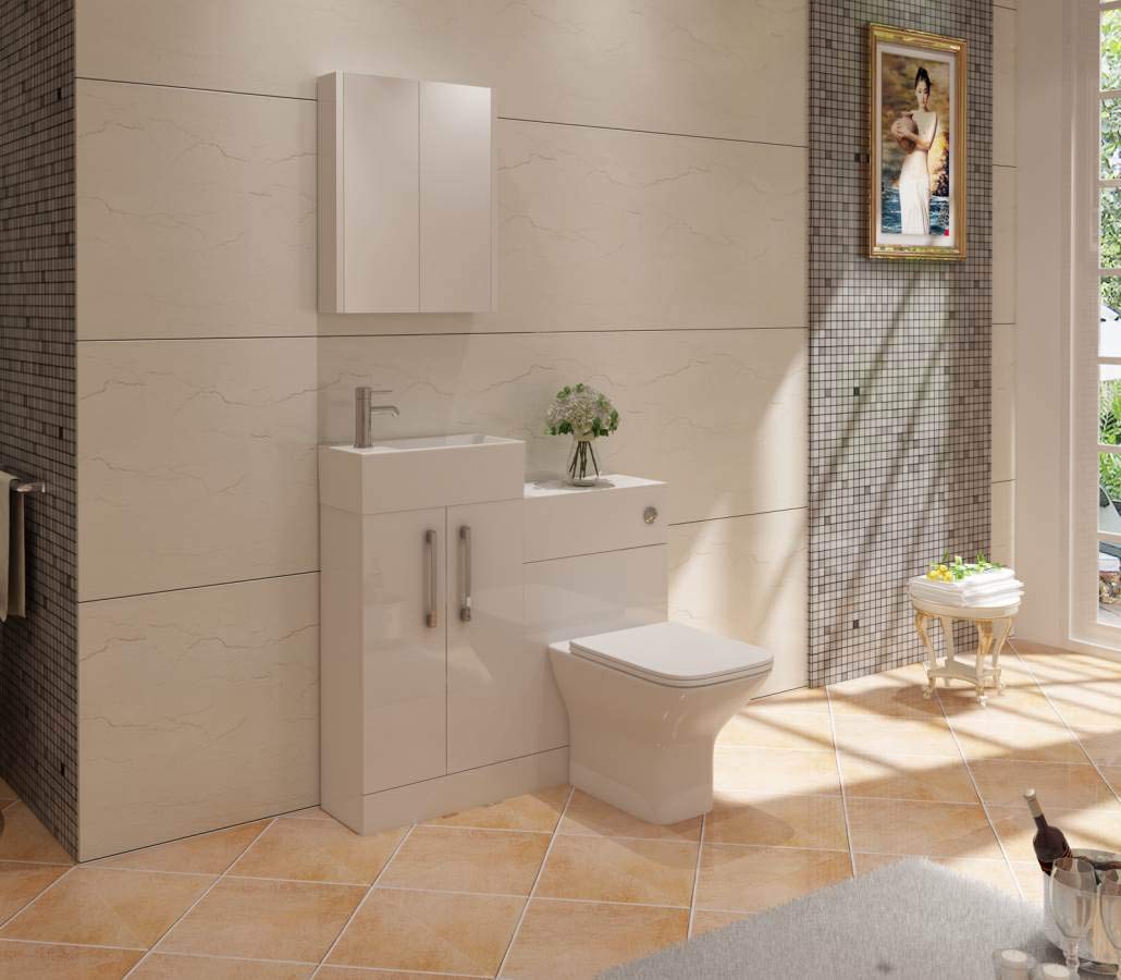 VeeBath STR-CR47-WH Lumin Cloakroom Vanity Basin Cabinet 2 Soft Close Door Bathroom Furniture Unit with Ceramic Sink-470mm, High Gloss White, 470mm