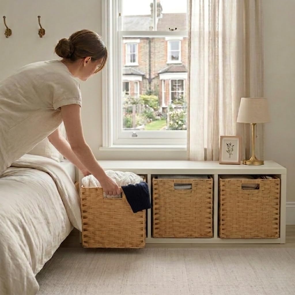 SOCOHOME Cube Storage Box,28x28x28cm Faux Rattan Storage Basket for Toy Clothes Shelf Nursery Closet Waterproof, Non-Mouldy(Beige, 4 Pack)