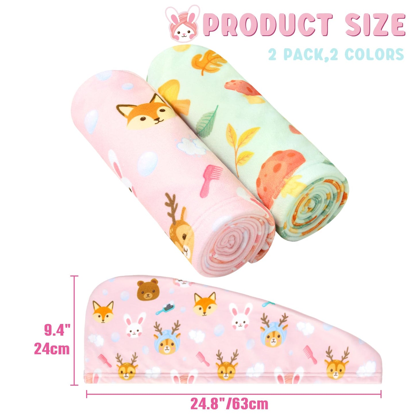 WAWSAM 2 Pack Kids Hair Towel Wrap for Girls, Microfibre Hair Turban Towel Fast Drying, Hair Towel Wrap with Elastic Strap for Long Hair