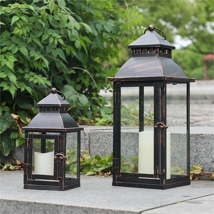 NEEDOMO Lanterns Decorative Outdoor&Indoor, Set of 2 (17"&10") Bronze Metal Lantern Decor with Glass, Candle Holder for Porch, Patio, Garden, Balcony,