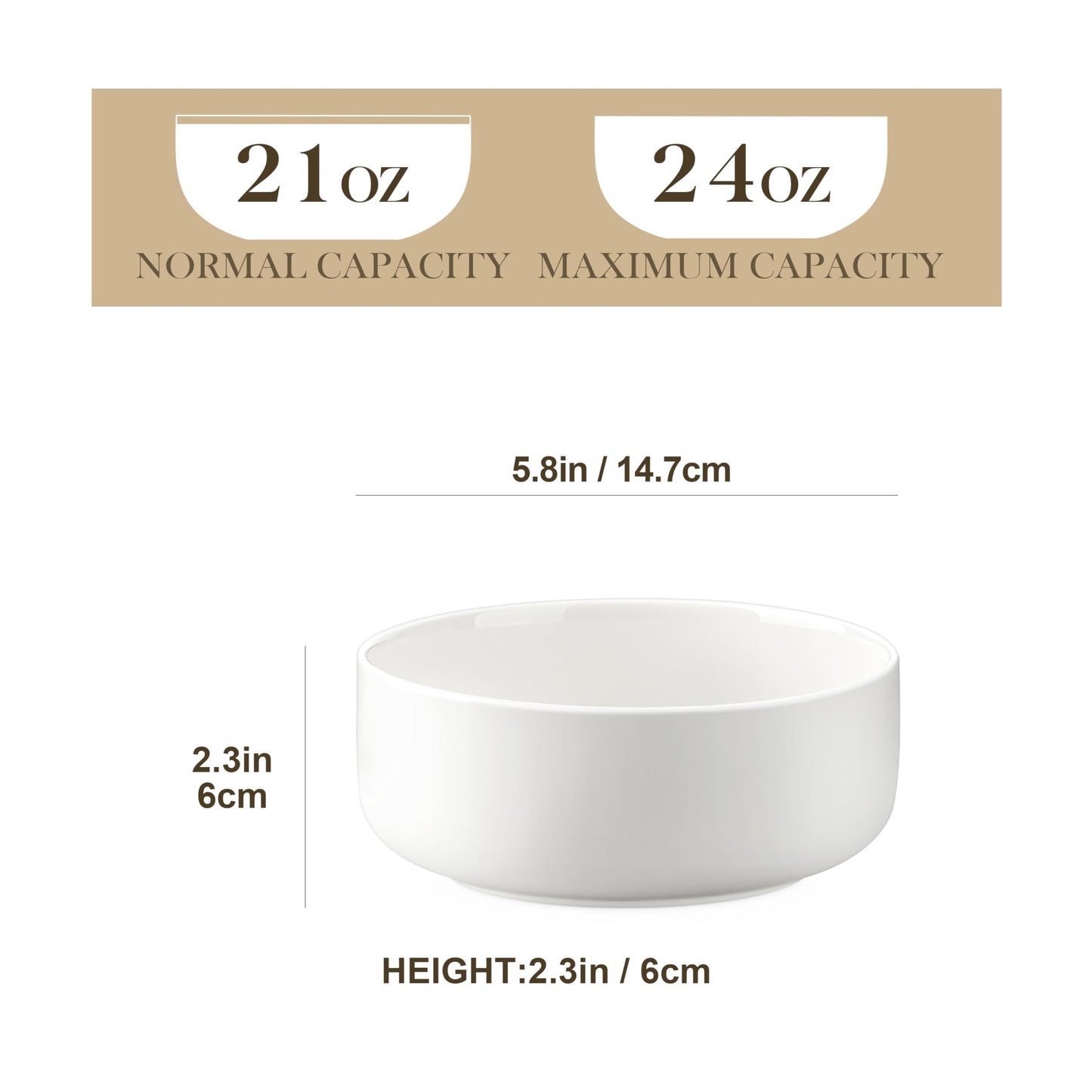 MALACASA 24 oz Cereal Bowls Set of 6, Premium Porcelain Soup and Salad Bowls, Microwave Dishwasher Safe, Modern White Bowl for Noodles, Dessert,