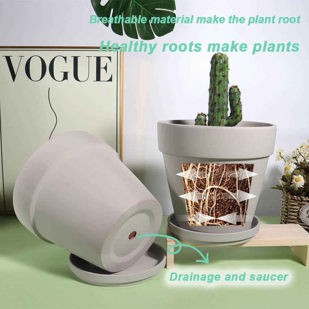 vensovo 15CM Gray Terracotta & Clay Pots for Plant with Saucer - 4 Pack Medium Terra Cotta Planter with Drainage Hole, Flowerpot for Indoor Outdoor