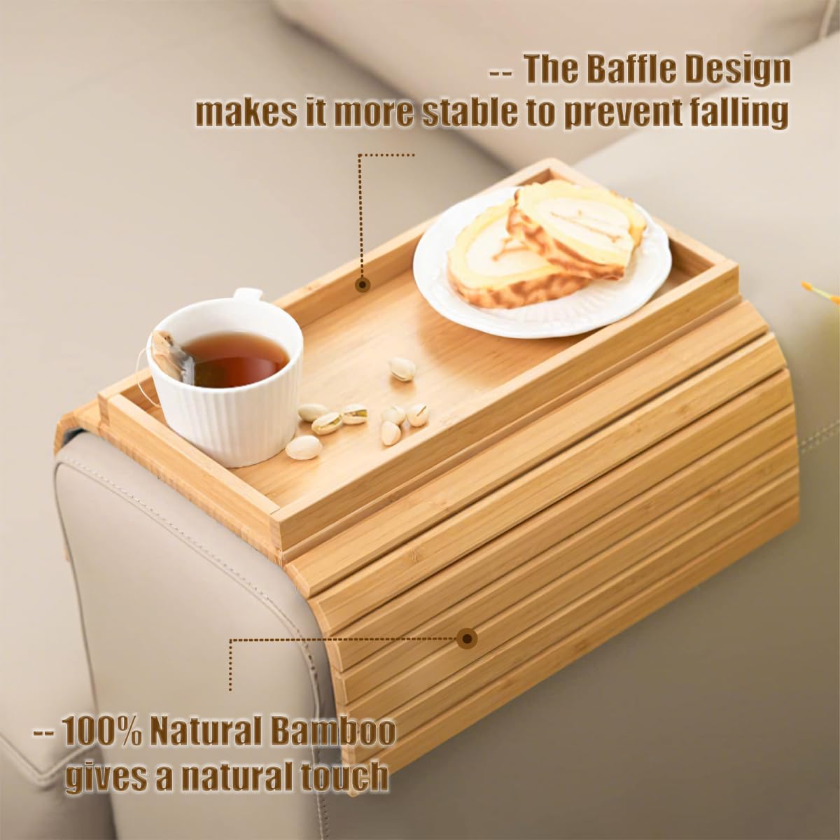 Hovoto Natural Bamboo Sofa Arm Tray, Sofatablett, Sofa Tray Table for Couch, Faltbarer Anti Rutsch Couch Arm Tisch, Sofa Side Table for Snacks