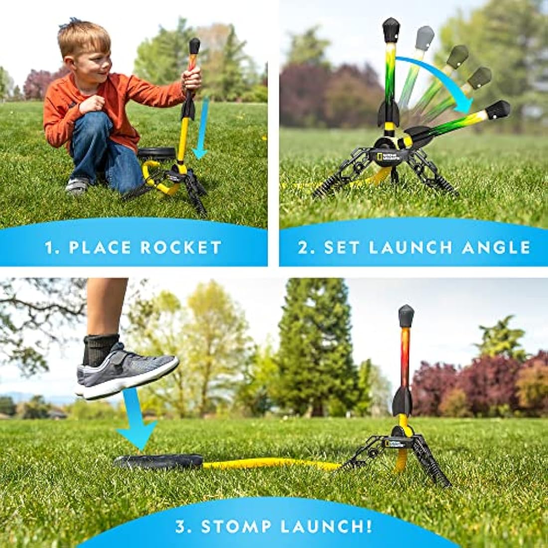 National Geographic Air Rocket Toy – LED Rocket Launcher for Kids, Jump & Launch Air Powered Foam Rockets up to 30.5 Meters, Kids Outdoor Activities