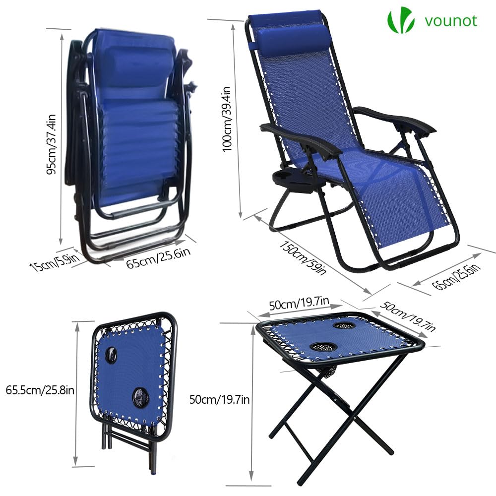 VOUNOT Zero Gravity Chair with Side Table, Set of 2, Deck Folding Recliner Sun Loungers Outdoor Chair with Cup and Phone Holder, Blue