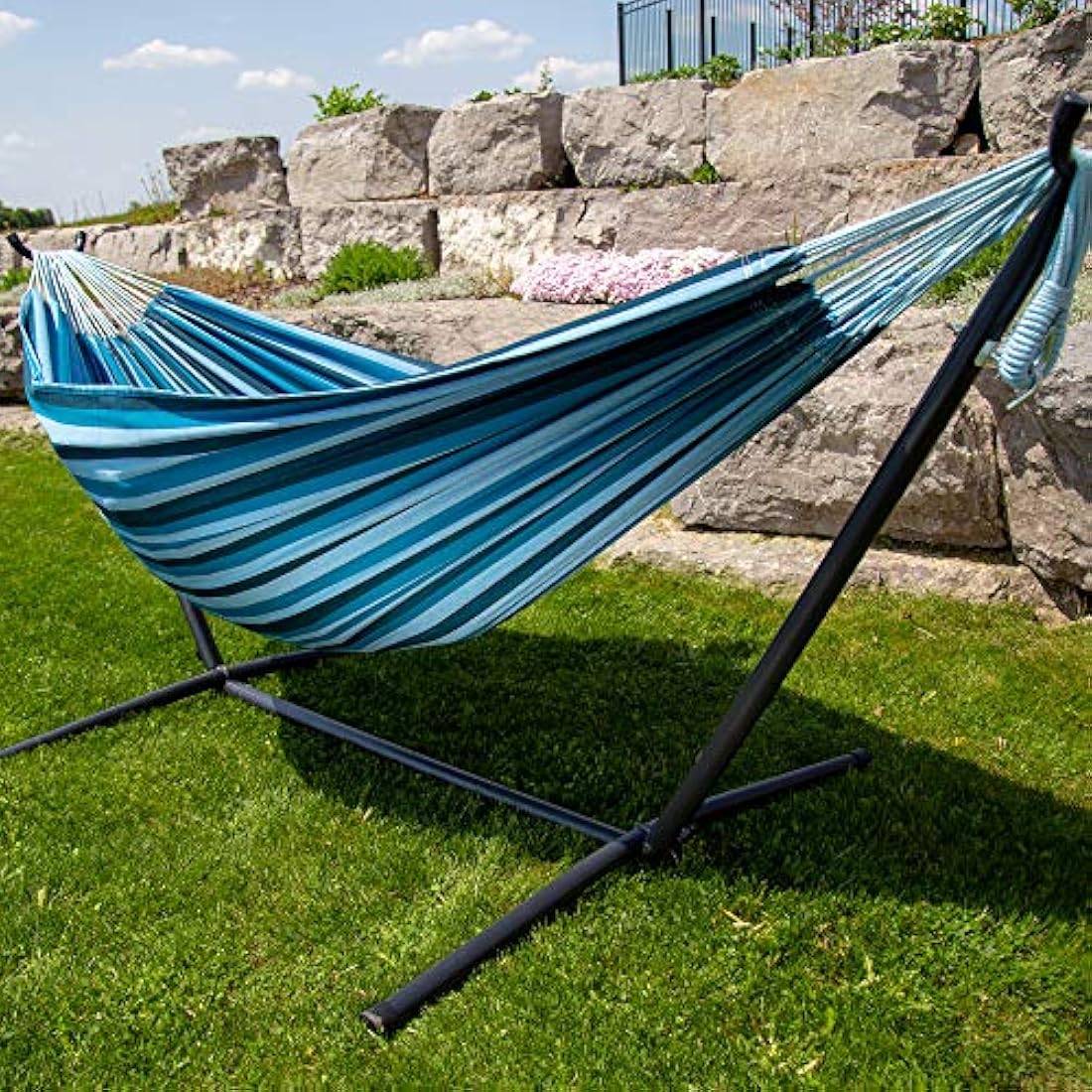 Vivere UHSDO8-34 Double Cotton Hammock with Space-Saving Steel Stand Including Carrying Bag, Blue Lagoon