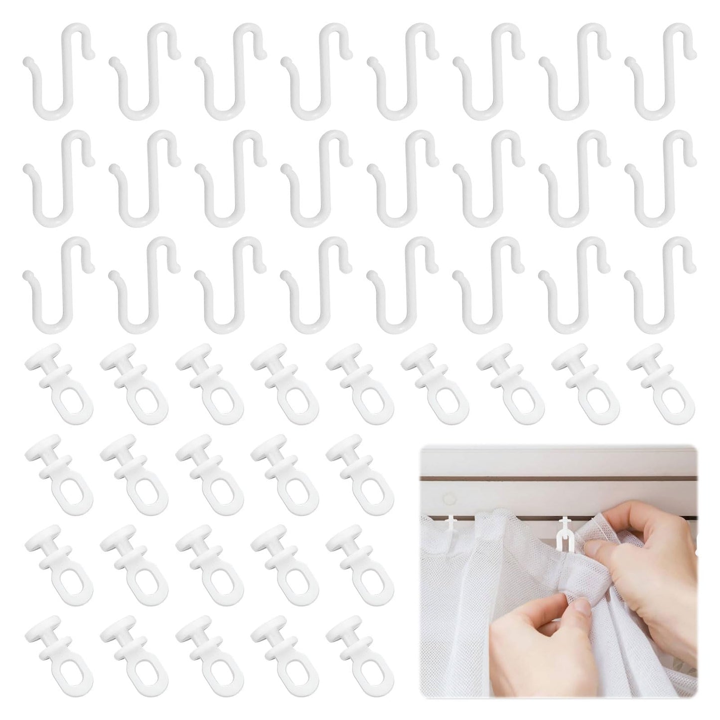 48PCS Curtain Glider Hooks Set,S-Shaped Flexible Shower Curtain Hooks,Quiet Plastic Flexible White Hooks and Gliders,Easy Install Track Rollers,for