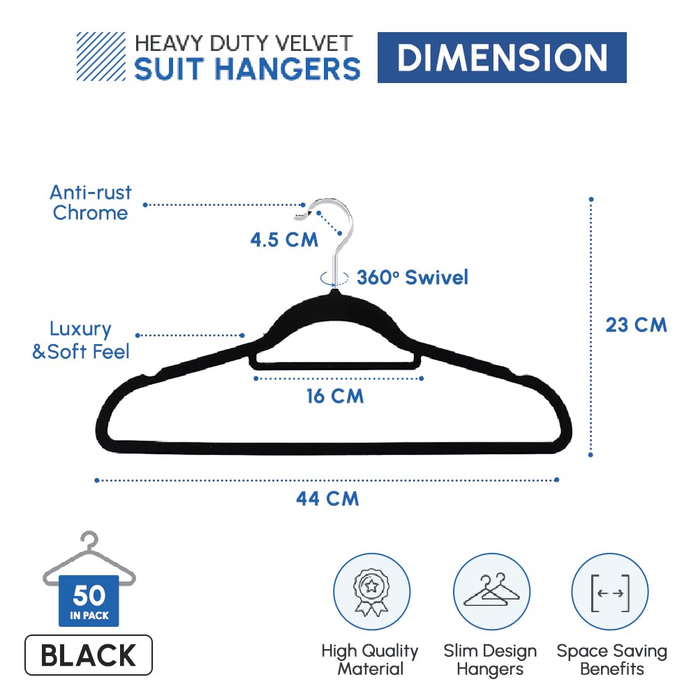 1ABOVE Premium Quality 50 pack Non-Slip Velvet Hangers (44cm) Heavy Duty Velvet Suit Hangers with Tie Bar, 360° Swivel Hooks – Space saving