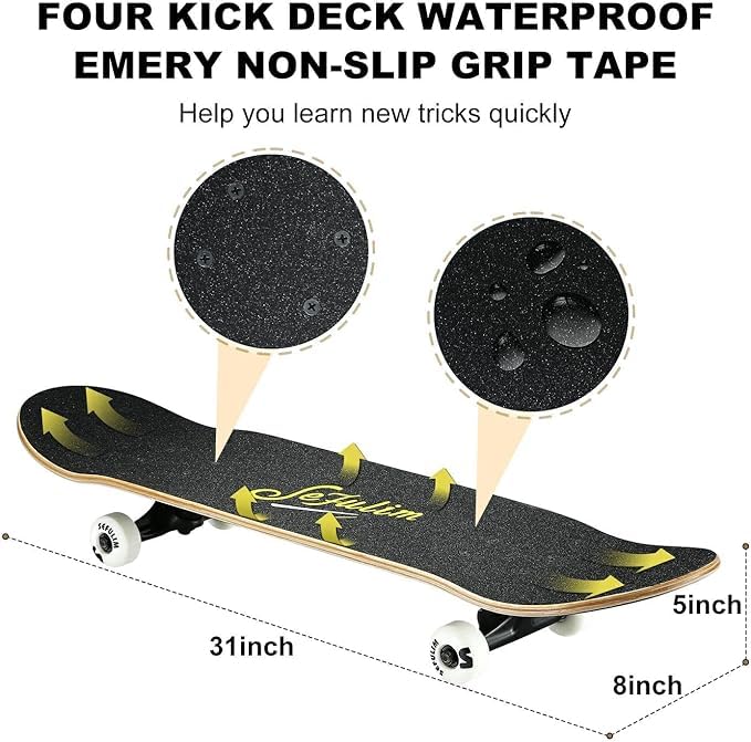 Sefulim 31 x 8 Inch Complete Skateboard 7 Layer Canadian Maple Double Kick Deck Concave Cruiser Trick Skateboard for Boys Girls Teens Adults Beginner