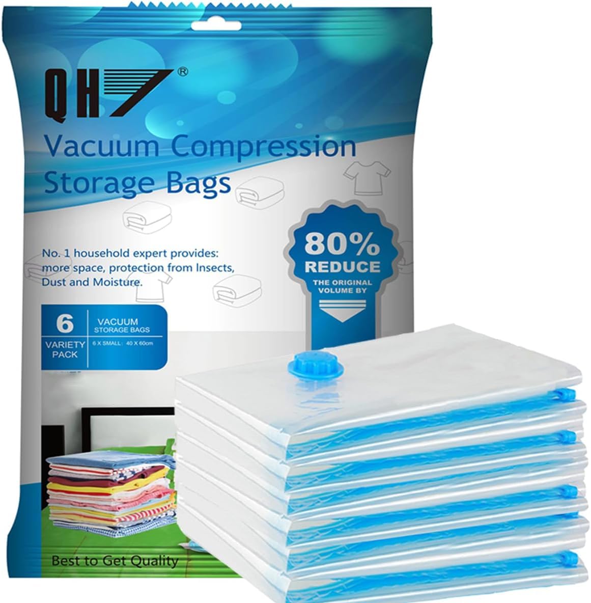 QH7 Small Vacuum Storage Bags. 80% More Storage,Travel Vacuum bags clothes, Double-Zip Seal and Triple Seal Turbo-Valve for Max Space Saving,Reusable