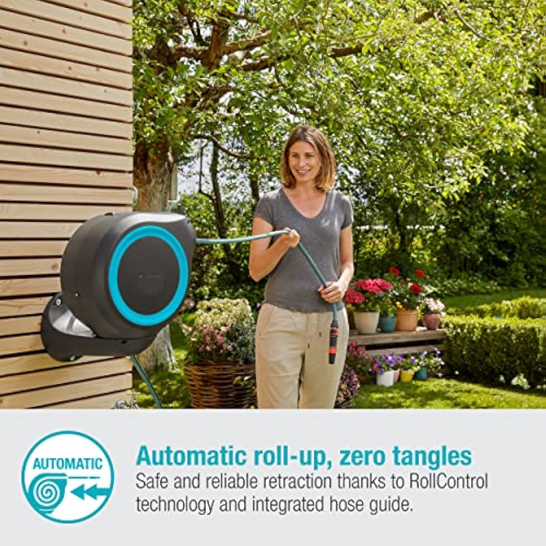 Gardena Wall-Mounted Hose Box RollUp S (turquoise): Versatile watering system for small gardens, swivel hose reel, with wall bracket, system parts and nozzle including 15 m Gardena hose (18600-20)