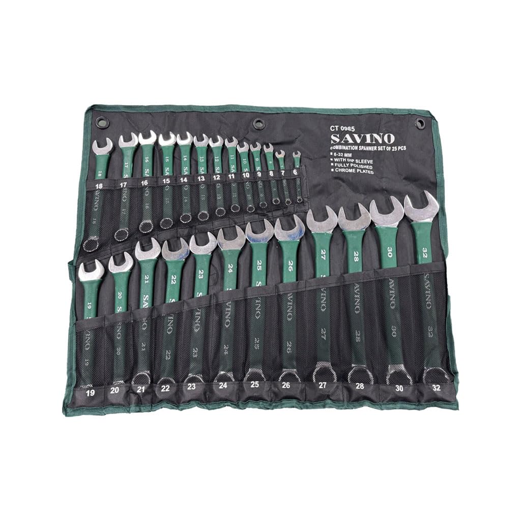 Neilsen Savino CT0985 25pc Green Dip Combination Spanner Set - 6mm to 32mm, with Dipped Handles and Wallet, Durable and Versatile Spanner Set for