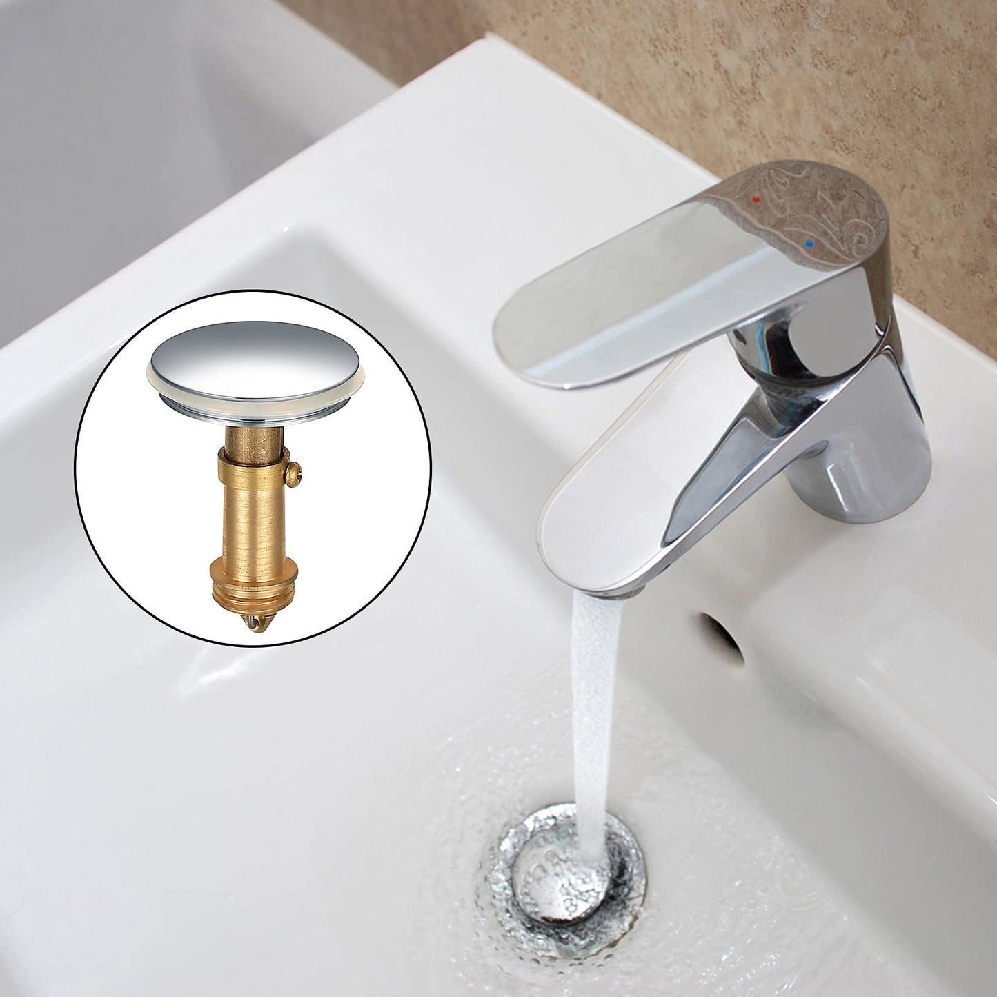 38mm Pop Up Sink Plugs, Bathroom Push Drain Stopper, Brass Chrome