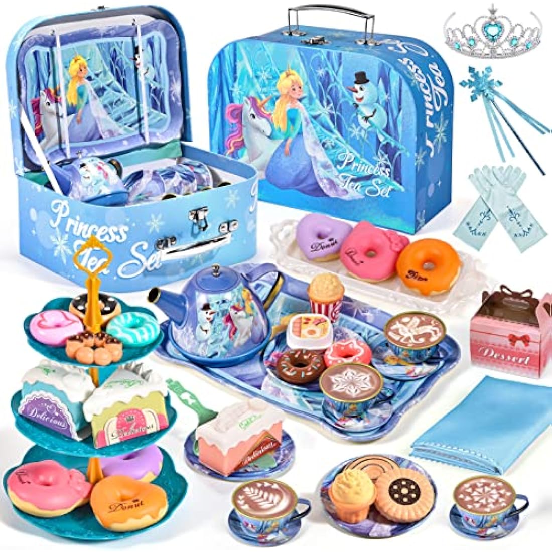 Toddlers Tea Set Frozen Toys Gifts for Girls 3 4 5 6 7 Years Frozen Elsa Tin Tea Party Set & Luxury Food Playset & Carry Case Princess Tea Time Kitchen Pretend Play Toys Princess Gift for Kids Girls