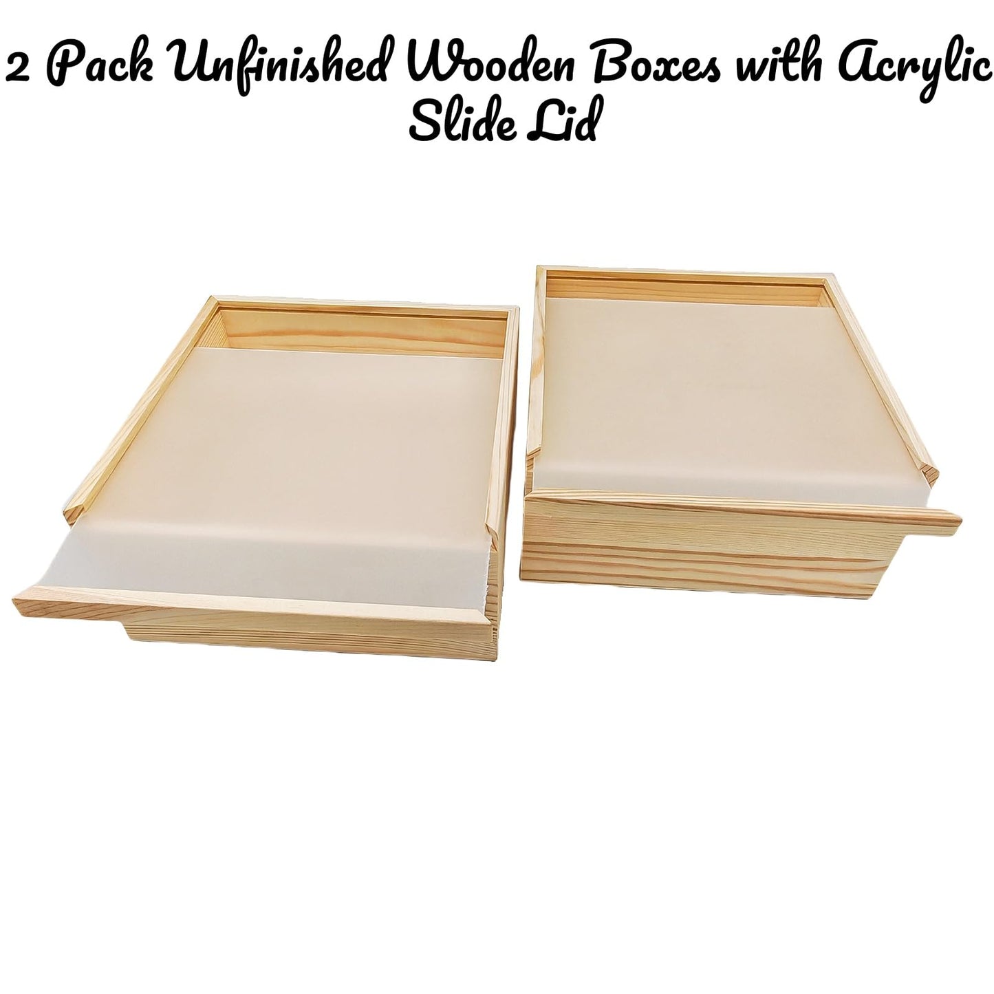 2 Pack Unfinished Wood Storage Boxes with Acrylic Slide Lid, Square Wooden Display Box for DIY Craft Storage and Decorative Organizer (20x20x10cm)