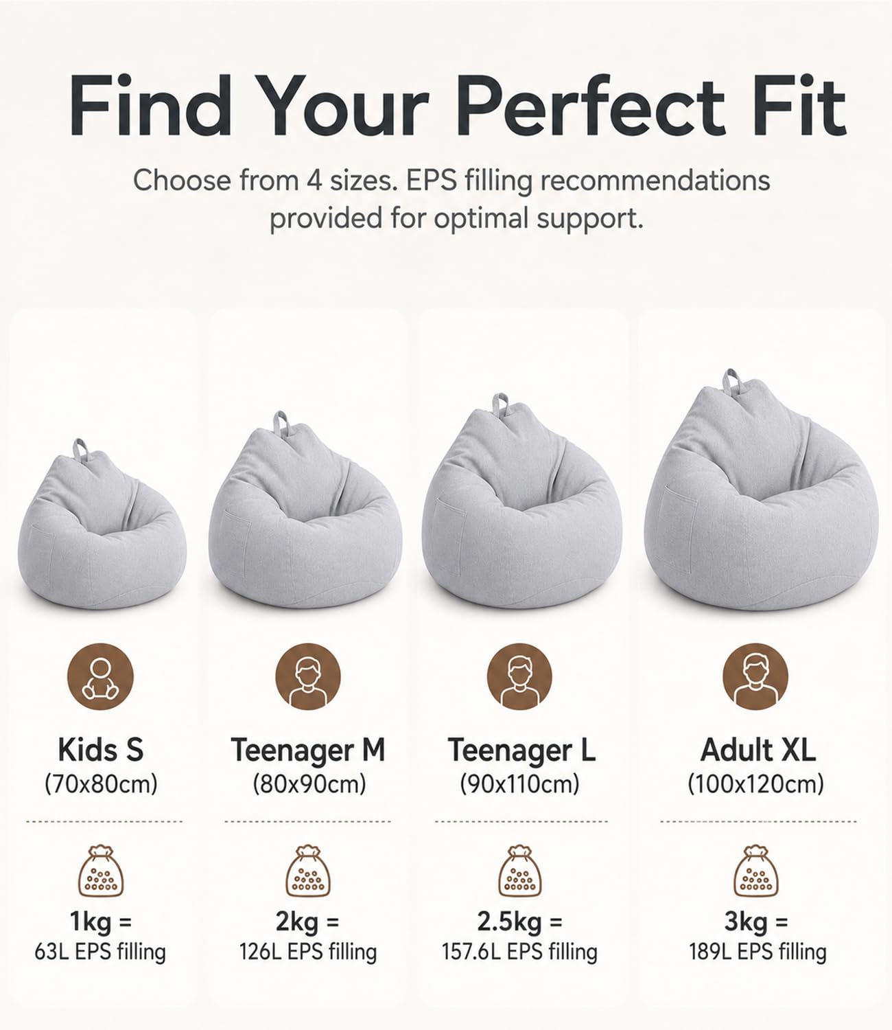 Highdi Kids Bean Bag Without Fillings - Cotton Linen Durable & Comfortable, Light Grey Storage Bean Bag Chair for Living Room/Gaming Room