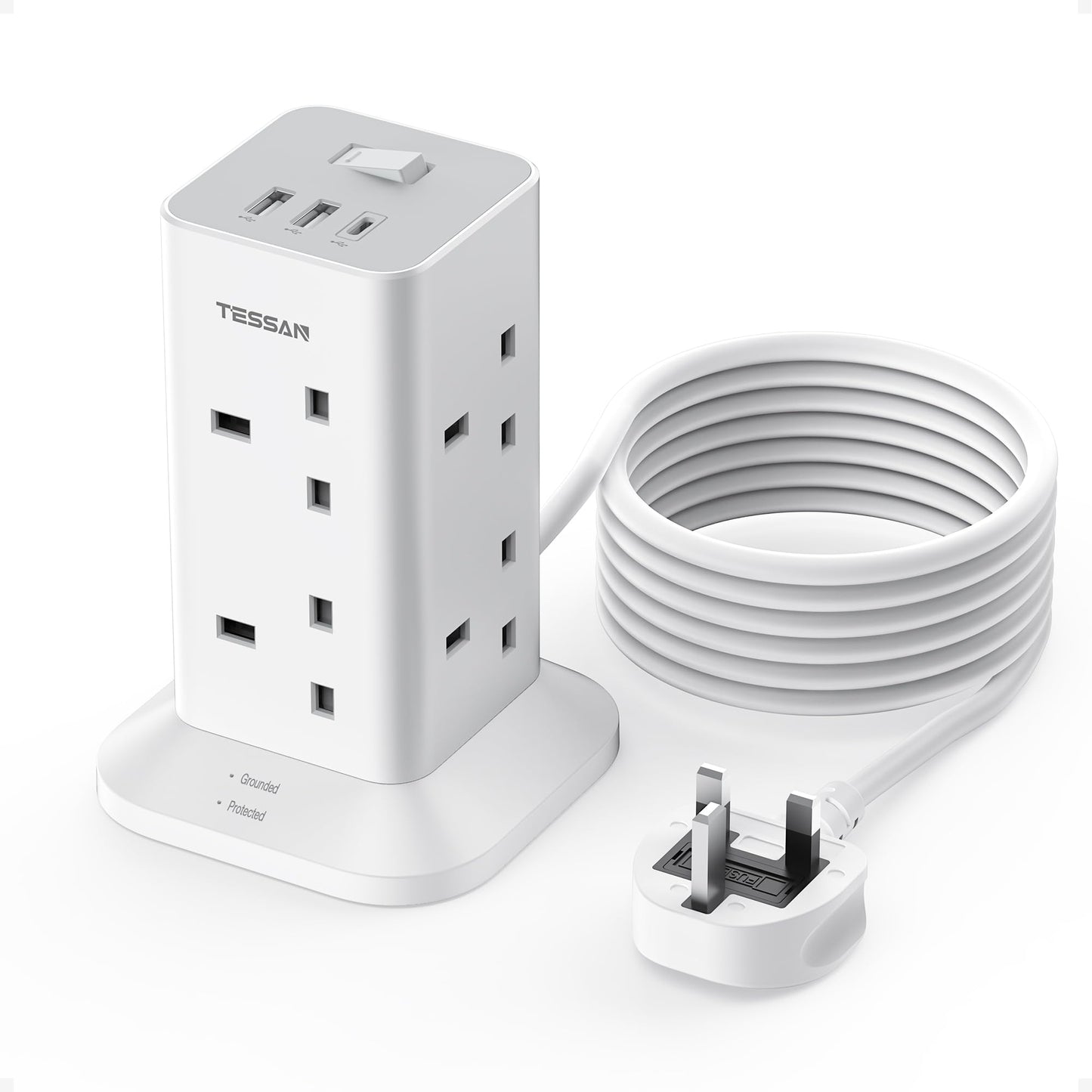Tower Extension Lead 3M with 3 USB Slots, TESSAN Extension Cable 8 Way Multi Socket Plug with Switch, Surge Protected Power Strip for Home, Office,