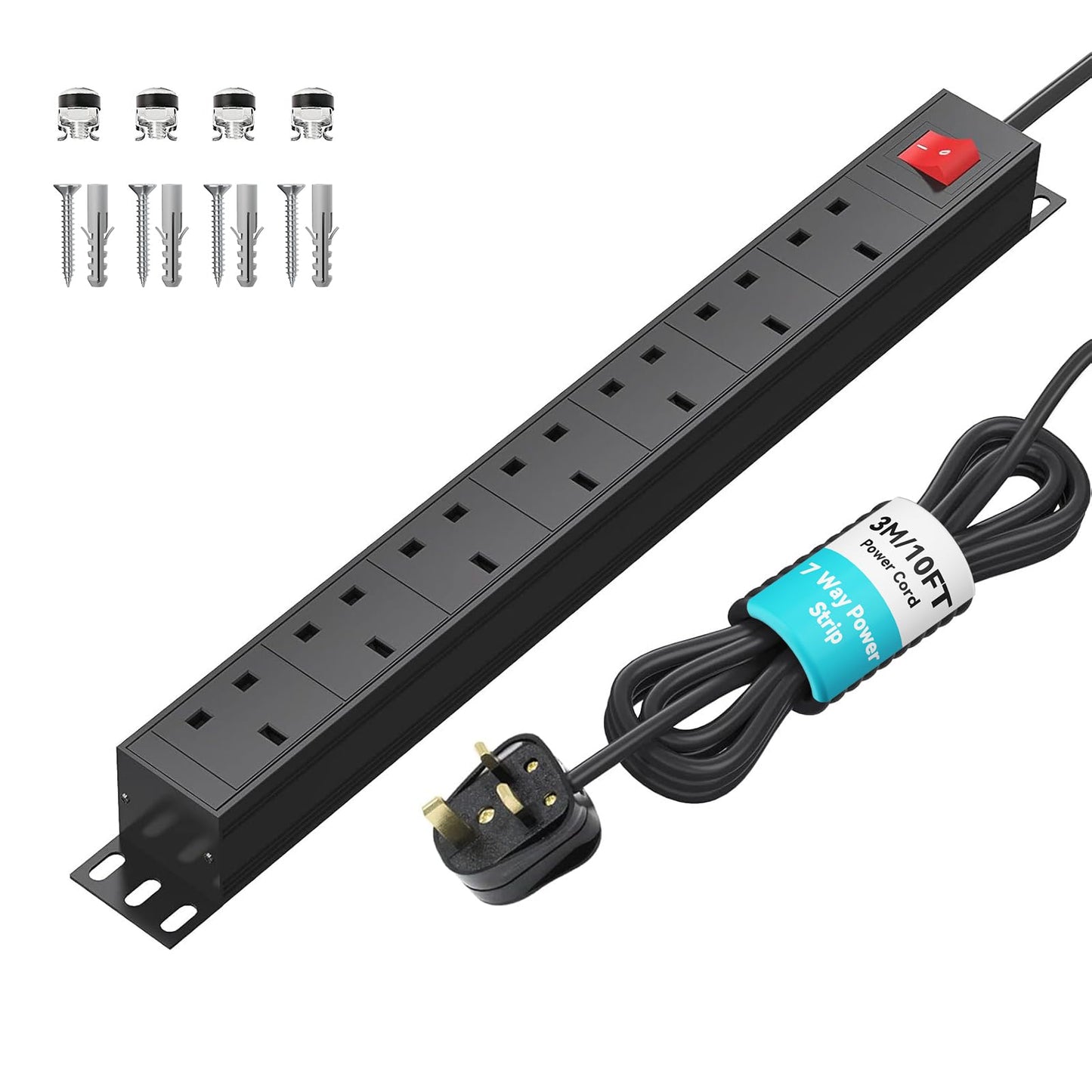 Extension Lead Surge Protection 7 Way Power Strip with Switch, Multi Plug Socket Horizontal 13amp PDU Power Distribution Unit, Rack Mount Power
