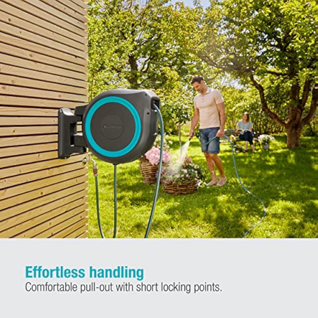 Gardena Wall-Mounted Hose Box Rollup XL (Turquoise) 35 m: Versatile Watering System for Large Gardens, Swivel Hose Box, Including 35 m Gardena Hose and mounting kit (18630-20)