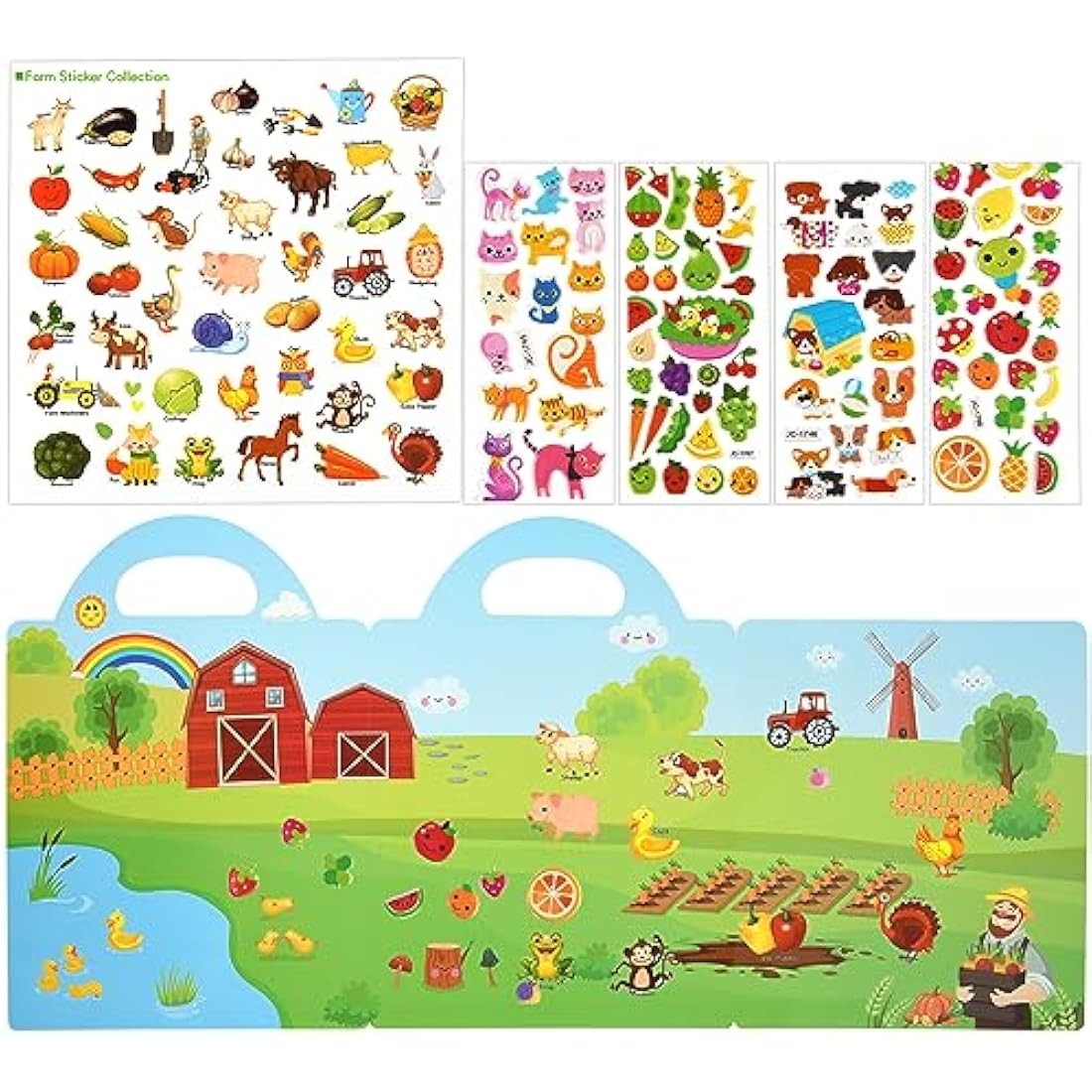 ASTARON Reusable 3D Puffy Sticker Book for Kids 3-6, Cute Waterproof Farm Harvest Stickers 88 Pcs, Puffy Sticker Game Travel Stickers and Educational Sensory Learning Toy Busy Book