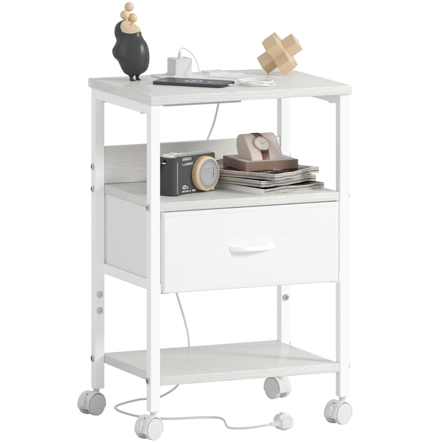 Lutown-Teen White Bedside Table with Charging Station & 4 Castor Wheels