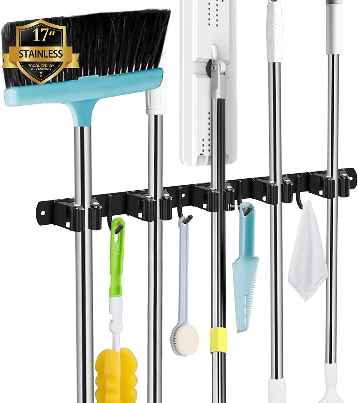 AceMining 5 Holders+4 Hooks Black Broom Holder Wall Mounted with Nails Installation, Heavy Duty Stainless Steel Mop Holder, Brush Mop and Broom