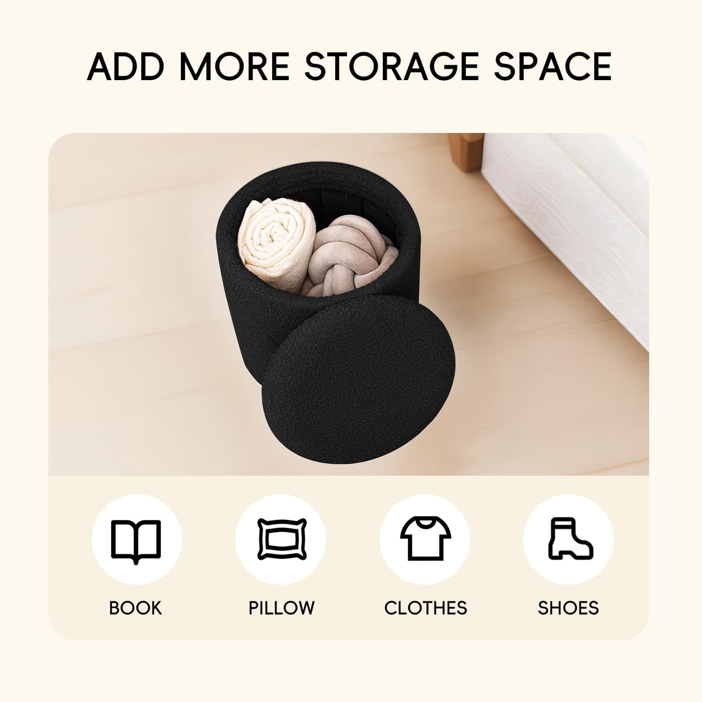PINPLUS Round Ottoman Storage Box, Folding Stool, Black, 33x33x35 cm