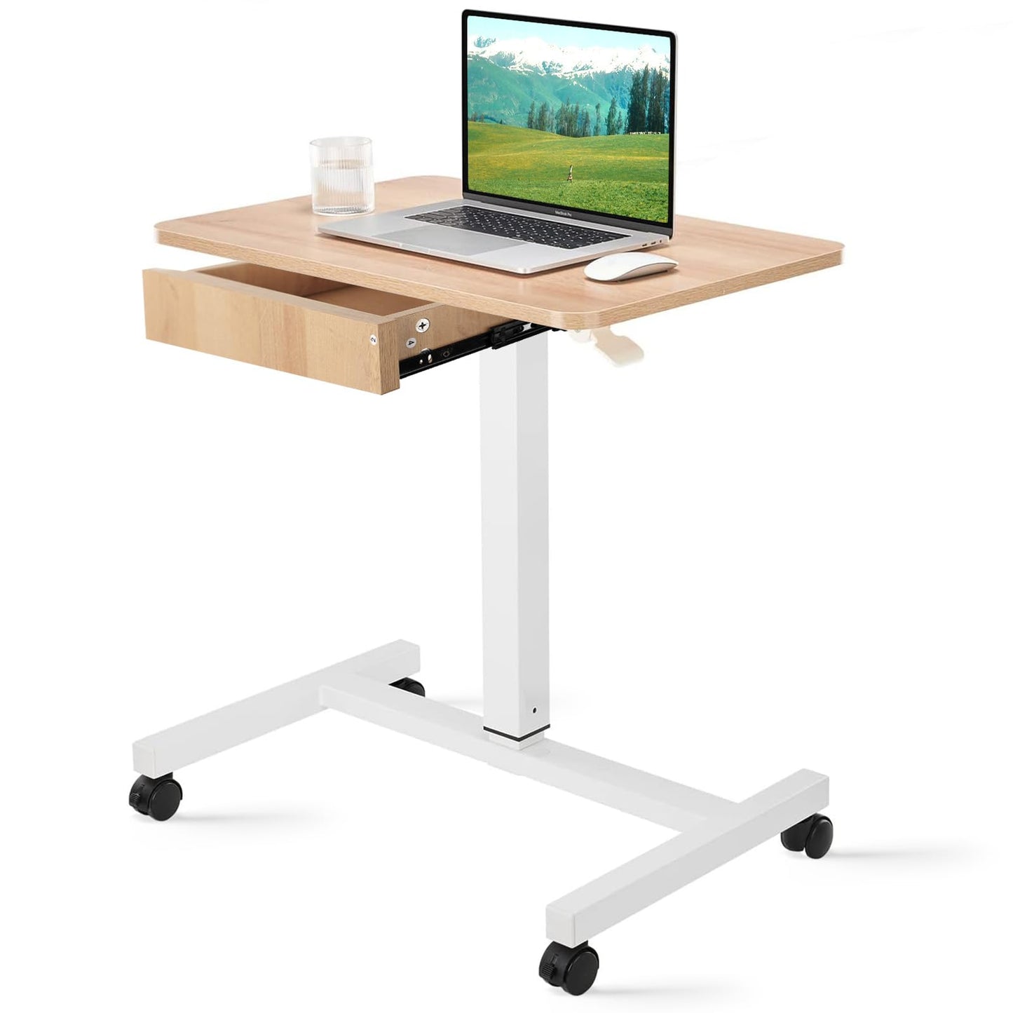 CLATINA Mobile Laptop Standing Desk, Height Adjustable Teacher Podium with Lockable Wheels, Adjustable Work Table with Drawer