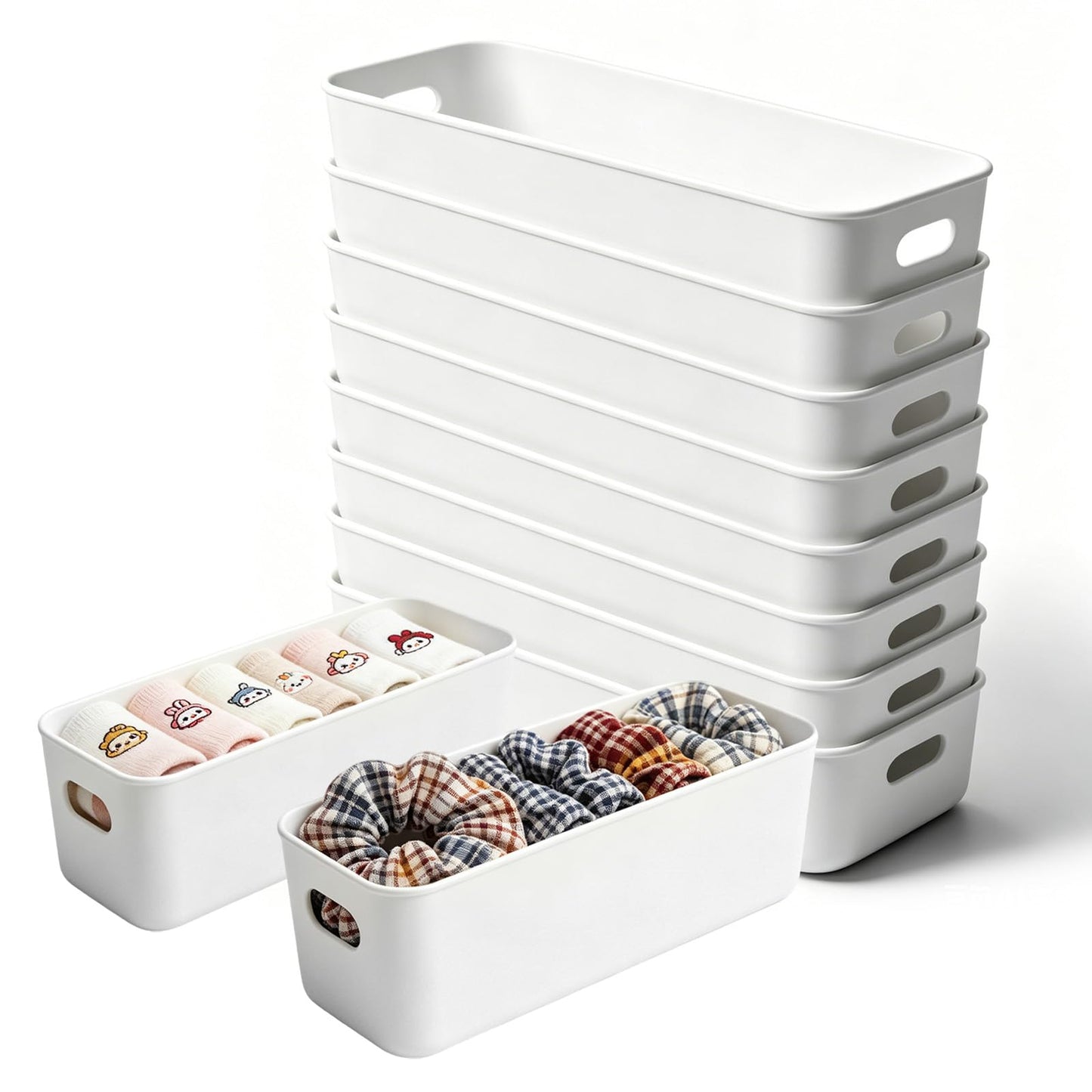 10 PCS White Narrow Plastic Storage, Rectangular Narrow Cupboard Organiser Boxes with Handles, Storage Containers for Kitchen, Home, Office, Bathroom