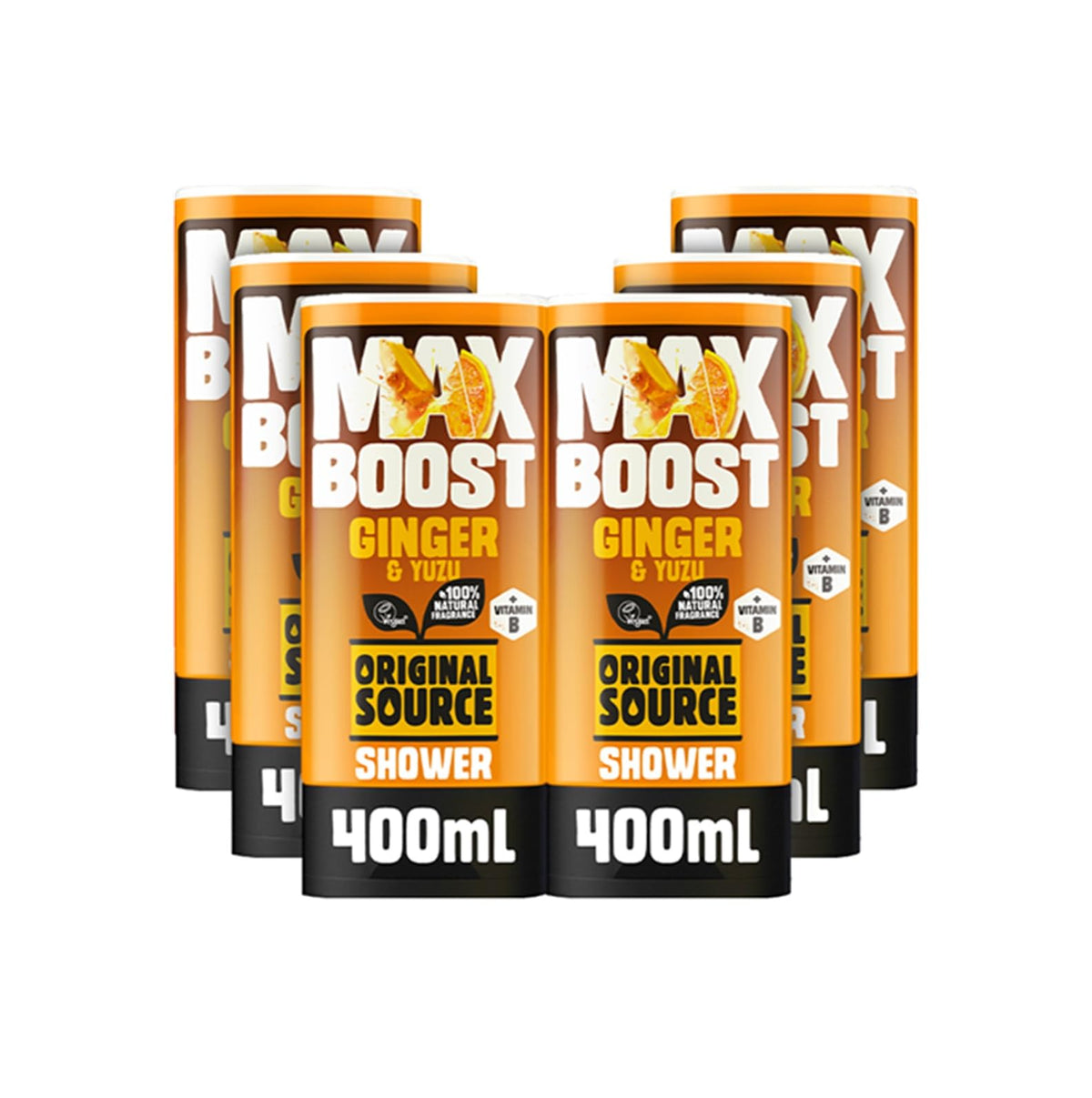 Original Source MAX BOOST Ginger & Yuzu Shower Gel with 100% Natural Fragrance, Vegan Shower Gel, Paraben Free Body Shower Wash, Multipack of 6 x