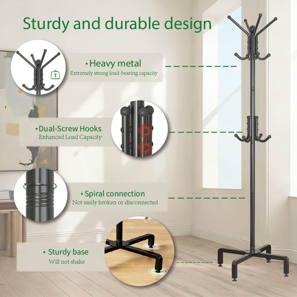 dongliangqinying Metal Freestanding Coat Rack, 3-Tier with 12 Hooks, Black