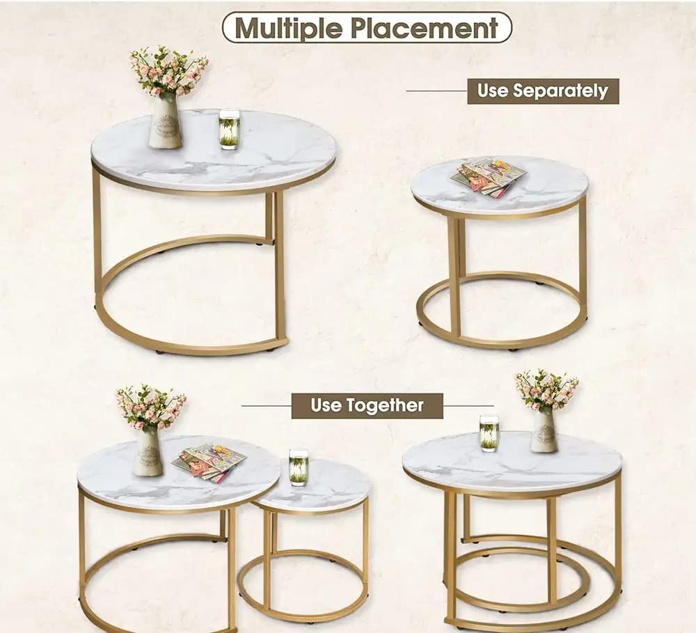 HEYZOEY Round Coffee Tables, Removable Set of 2 End Table, Nesting Tables with Gold Metal Frame Legs and Marble White Top for Living Room, Bedroom