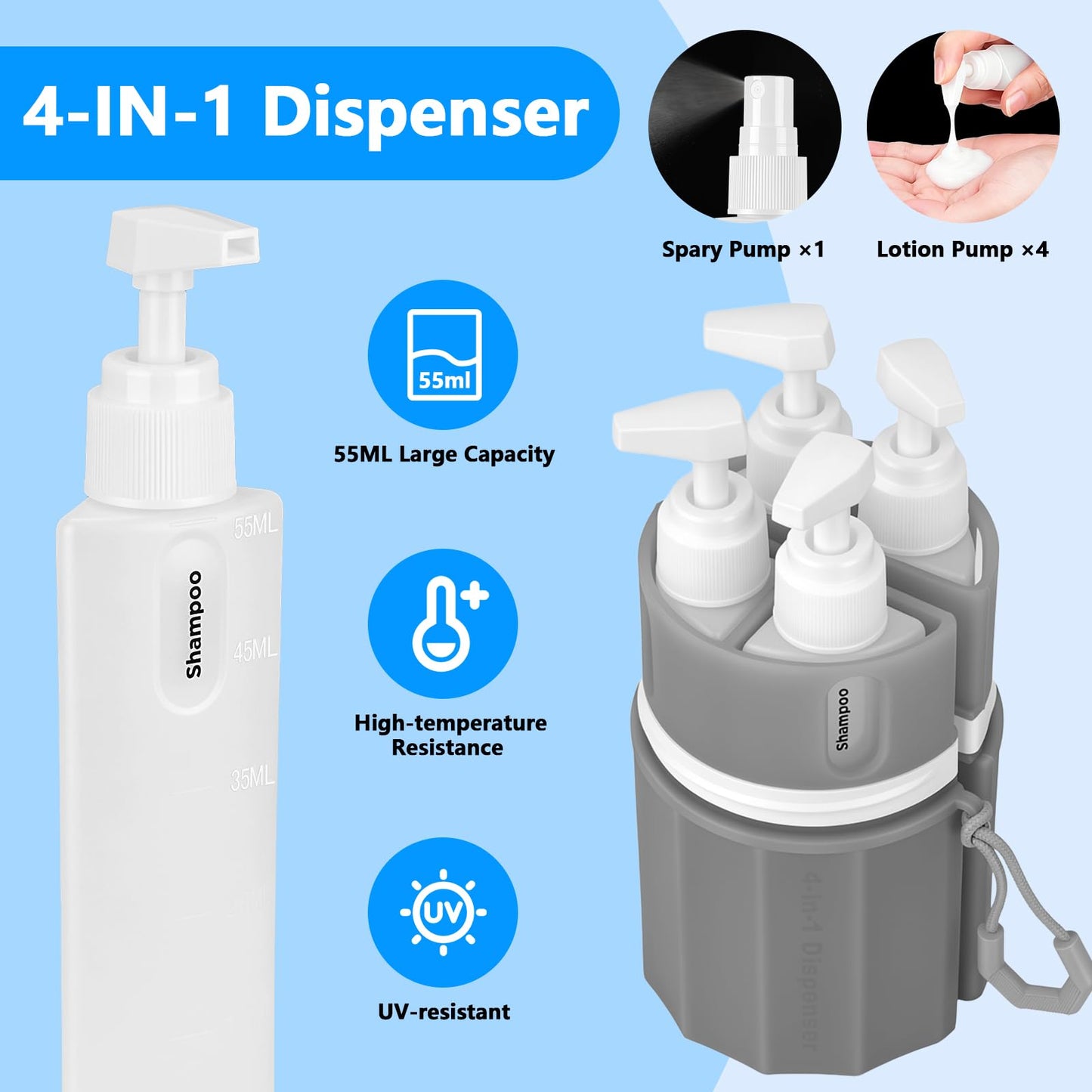 Yotako 4 in 1 Travel Bottles Dispenser - TSA Leak Proof Refillable Silicone Squeeze Pump Dispenser Bottles with Suction Cup