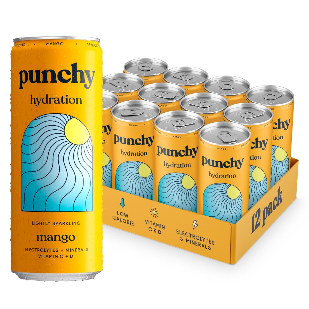 Punchy Drinks - Mango - Everyday Hydration, Lightly Sparkling, Essential Electrolytes, Minerals, Vitamins, Real Fruit, Supports Immunity, Caffeine