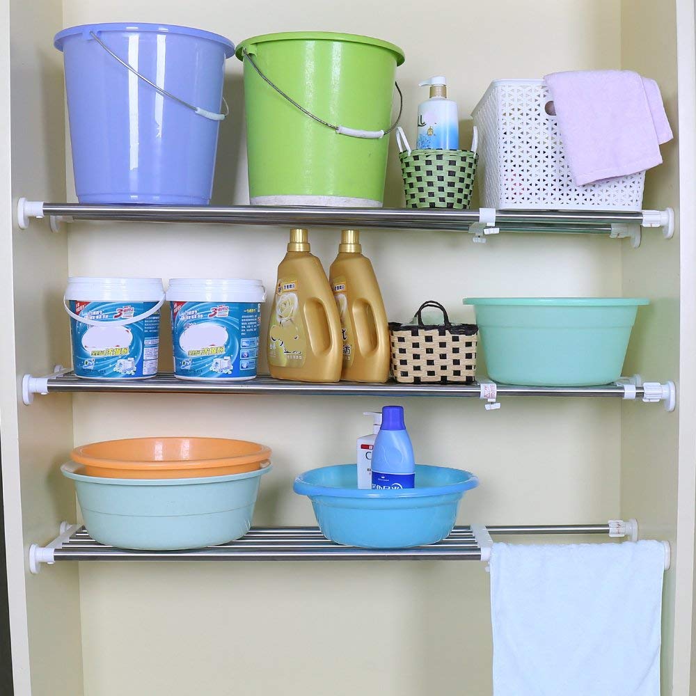 BAOYOUNI Expandable Shelf Airing Cupboard Tension Rod Extendable Wardrobes Rail Top Refrigerator Kitchen Bathroom Wall Storage Rack Organiser Heavy