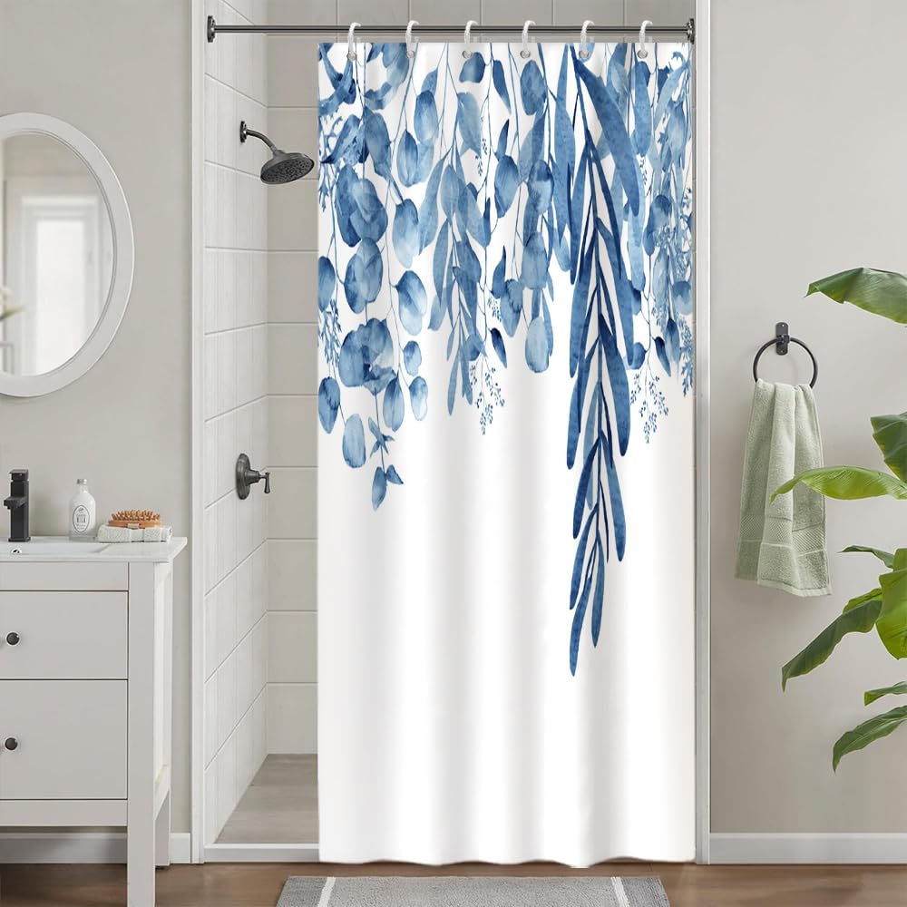 Uiiooazy Blue Eucalyptus Stall Shower Curtain, Leaves Floral Plant Motif Bath Curtain Mildew and Mould Resistant Waterproof Polyester Fabric Washable