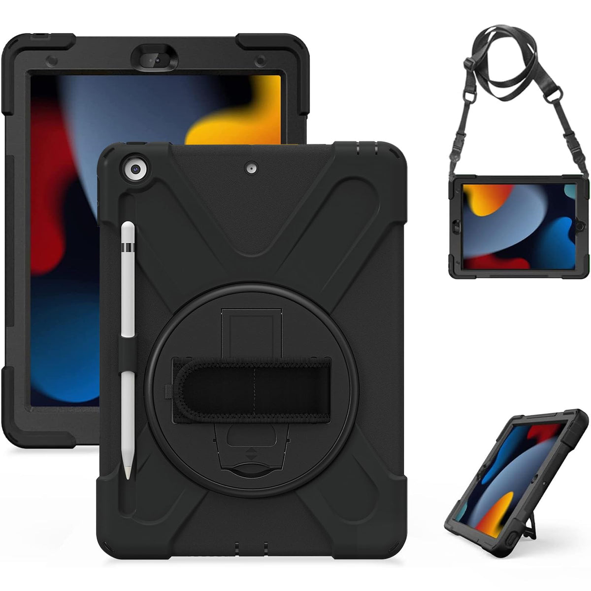 Gerutek for iPad 9th/8th/7th Generation Case Shockproof, iPad 10.2 Case Shockproof with [360 Rotatable Kickstand/Hand Strap][Pencil Holder] Protective