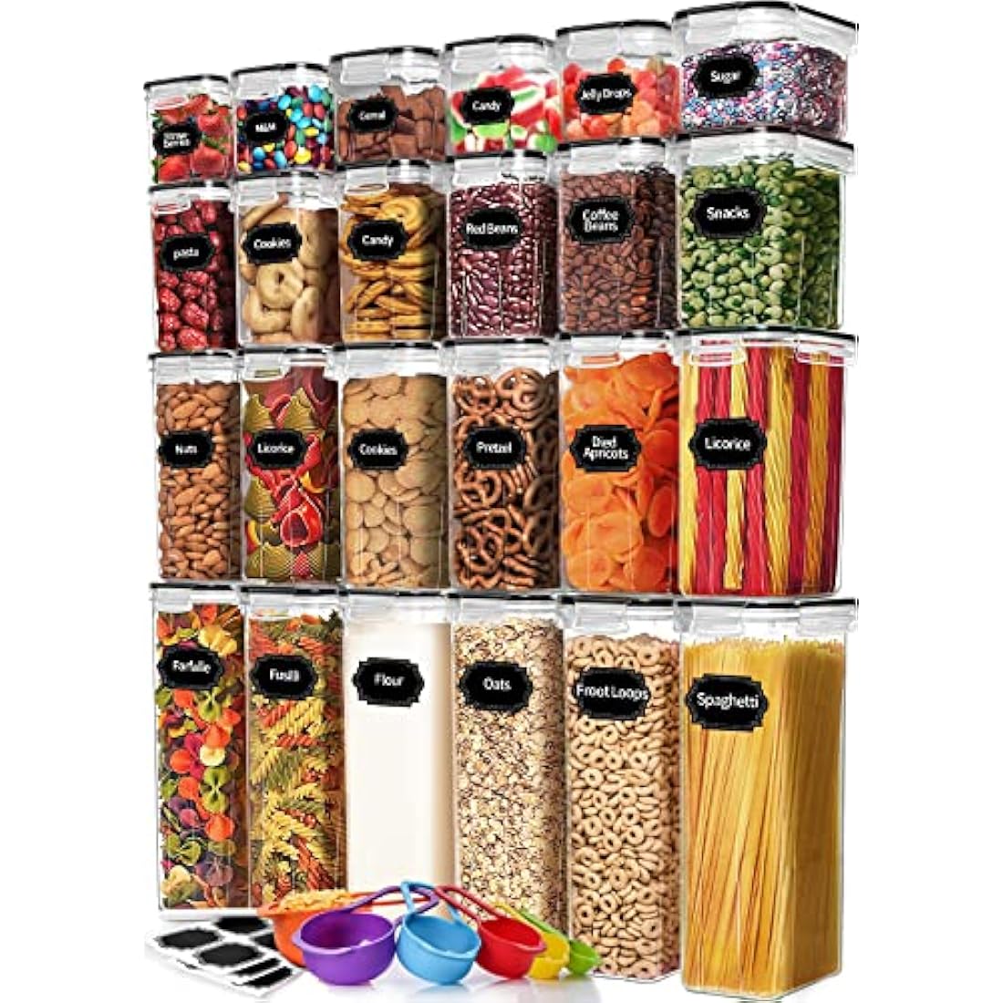 Skroam 24 Pack Airtight Food Storage Containers with Lids for Kitchen Pantry Organization and storage, BPA Free, Plastic Canister Set for Cereal, Pasta, Flour & Sugar - Spoon Set, Labels & Marker