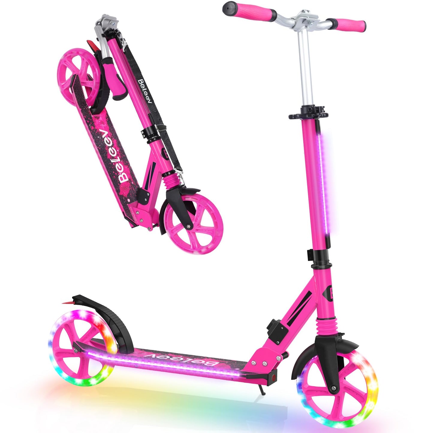 BELEEV V8 Scooters for Kids Ages 6+ with Light-Up Stem & Deck, 2 Wheel Folding Scooter for Adults Teens, 4 Adjustable Height, Lightweight Sport
