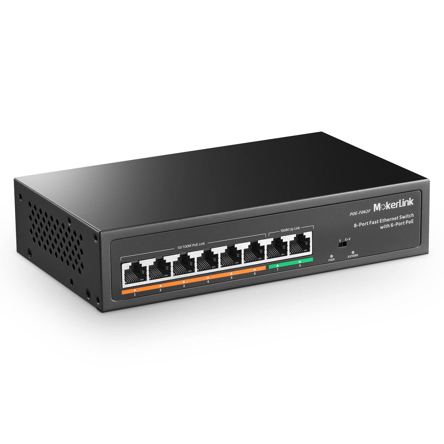 MokerLink 8 Port PoE Switch with 6 PoE+ Port, 2 Uplink, 78W AI Detection, 100Mbps, Fanless Metal Plug & Play Network Switch