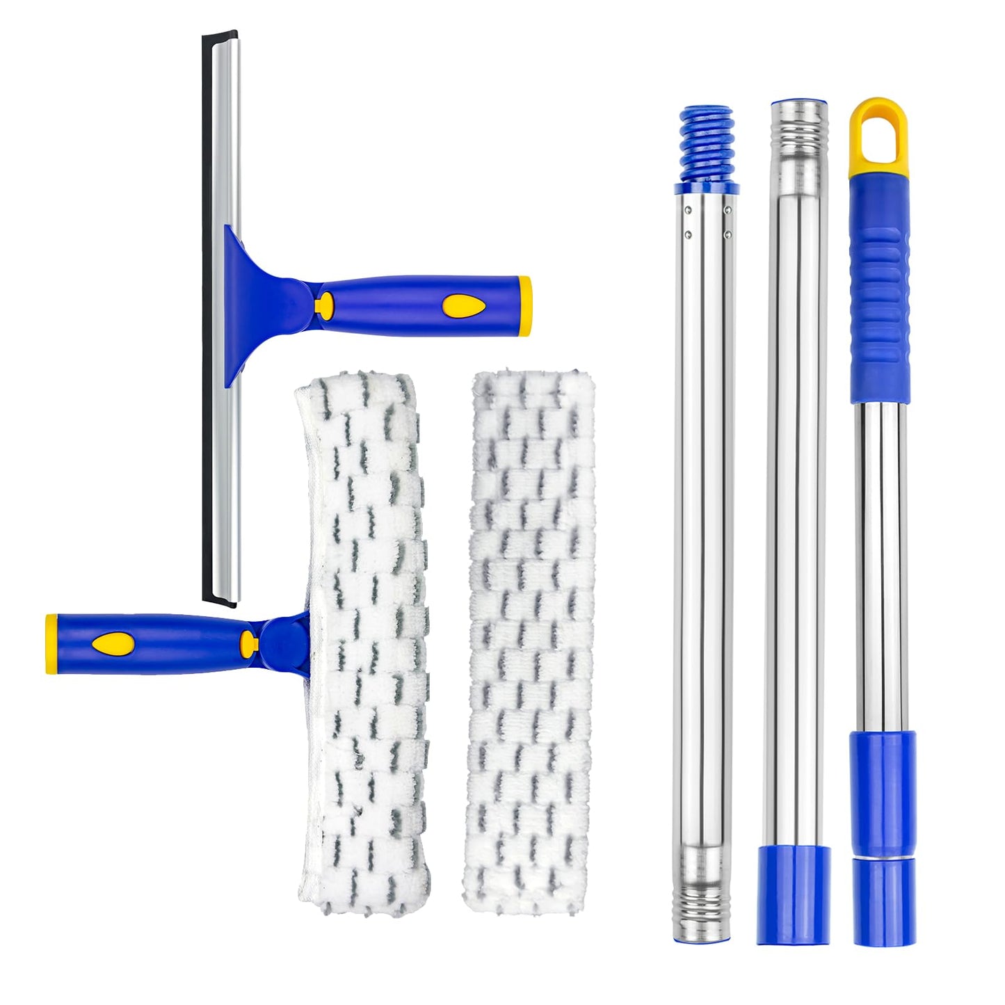 ITTAR Window Cleaner Squeegee,Rotatable Squeegee and Microfiber Scrubber with Extendable 3 Section Stainless Steel Pole,Window Cleaning Tool with 2