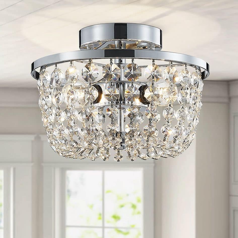 WUZUPS Crystal Chandelier Semi-Flushmount Ceiling Light Modern Lighting Fixture for Bedroom Hallway Bar Kitchen Bathroom, H 19.3cm W 25cm, Chrome, G9