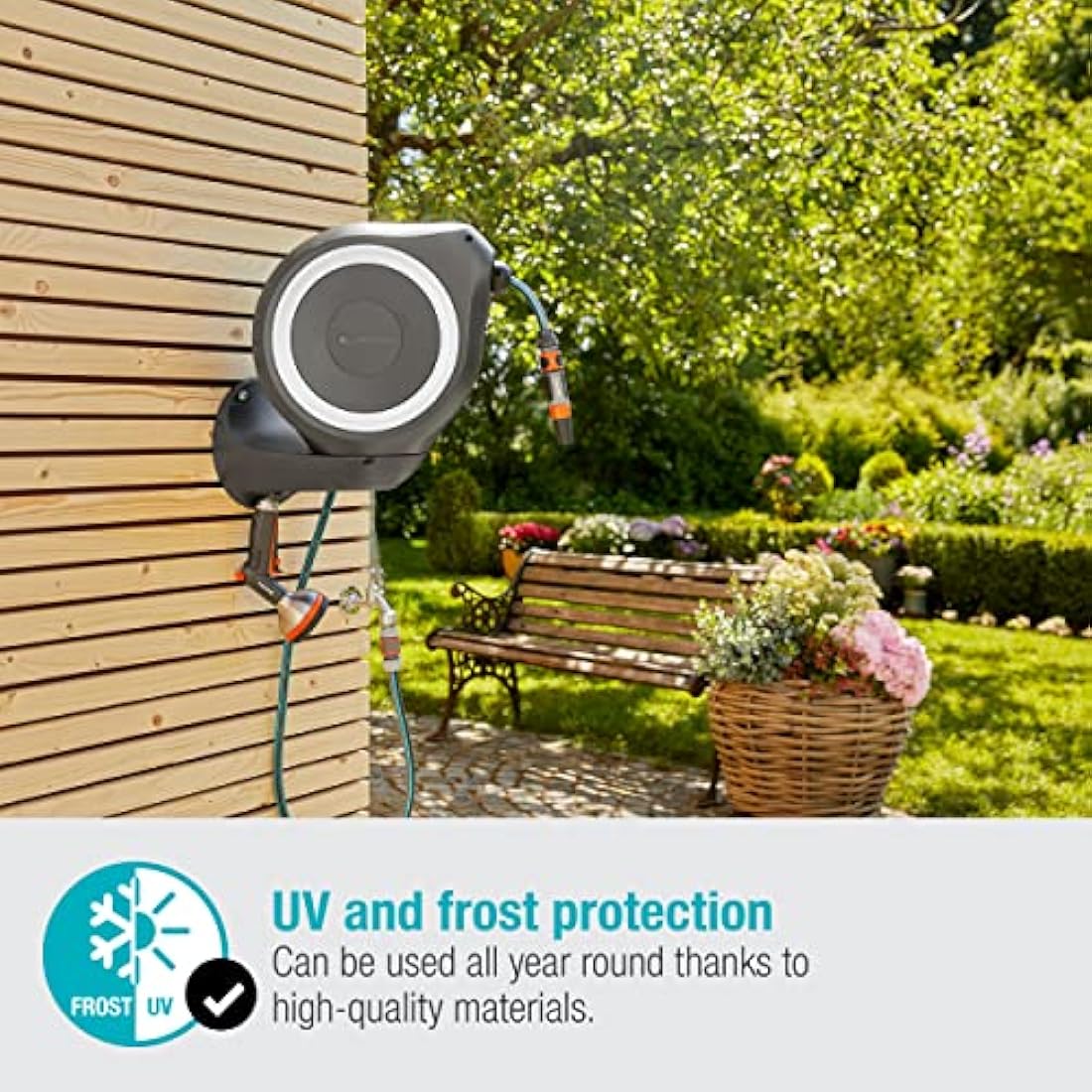 Gardena Wall-Mounted Hose Box Rollup M 20 m: Flexible Watering for Medium-Sized Gardens, Swivel Hose Reel, with Wall Bracket, System Parts and Nozzle, Including 20 m Gardena Hose (18612-20)