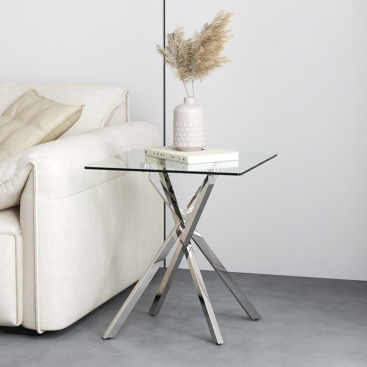 GOLDFAN Small Glass End Table with Chrome Legs for Living Room Square Side Table Modern Contemporary Nightstand for Bedroom (Glass&Chrome Legs)